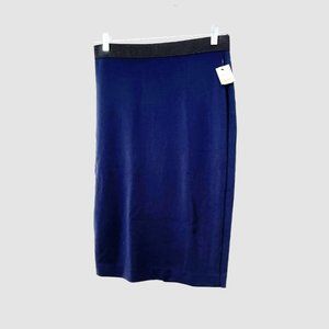 NWT  Alfani MED Silk-Look Navy Midi Skirt with Black Banded Waist